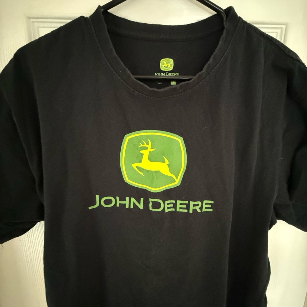 John Deere Black T‑Shirt with Green Logo Emblem